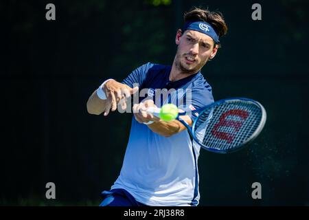 August 20, 2023: Marc-Andrea Huesler returns a serve against Alexander Shevchenko during the first round of 2023 Winston-Salem Open at Wake Forest Tennis Complex in Wnston-Salem, NC. (Scott Kinser) (Credit Image: © Scott Kinser/Cal Sport Media) Stock Photo