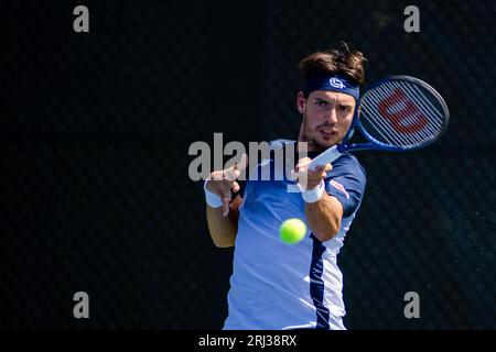 August 20, 2023: Marc-Andrea Huesler returns a serve against Alexander Shevchenko during the first round of 2023 Winston-Salem Open at Wake Forest Tennis Complex in Wnston-Salem, NC. (Scott Kinser) (Credit Image: © Scott Kinser/Cal Sport Media) Stock Photo