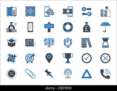 Business, banking and finance vector icons set glyph blue. Icons for business, management, finance, strategy, banking, marketing and accounting for mo Stock Vector