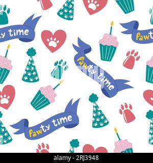 Colourful seamless pattern Pawty time for dog birthday. Square hand drawn design with paws, cake and ribbon. Stock Vector