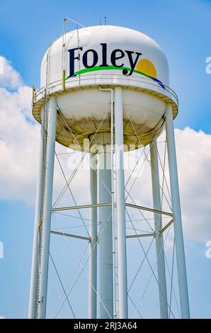 The Foley water tower is pictured, Aug. 19, 2023, in Foley, Alabama. The water tower features the name of the city. Foley was incorporated in 1915. Stock Photo