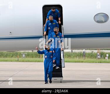 Members of the next NASA-SpaceX crew to fly to the International Space Station, NASA astronaut Jasmin Moghbeli, ESA astronaut Andreas Morgensen, JAXA astronaut Satoshi Furukawa and Roscosmos cosmonaut Konstantin Borisov (front to rear) arrive at the Kennedy Space Center, Florida on Sunday, August 20, 2023. Photo by Joe Marino/UPI Credit: UPI/Alamy Live News Stock Photo