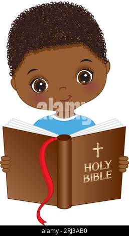 Vector Cute Little African American Boy Studying Bible Stock Vector