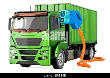 Truck with electric car charging plug. Eco-friendly transport, concept. 3D rendering isolated on white background Stock Photo