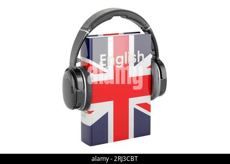 English language textbook with headphones. Learn English language, 3D rendering isolated on white background Stock Photo