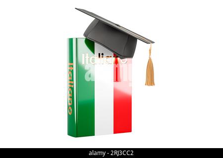 Italian language textbook with graduation cap. Learn Italian language, classes. 3D rendering isolated on white background Stock Photo