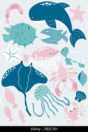 Cute handdrawn poster with sea animals. Whale, fish, jellyfish, crab, lobster, shrimp in cartoon style.  Stock Vector