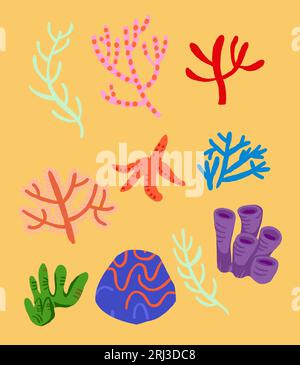 Set of underwater flora, coral reefs, rocks, seaweed, starfish on orange. Underwater Clipart set. Vector illustration Stock Vector