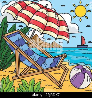 Summer Sun Lounger and Sunshade Colored Cartoon  Stock Vector