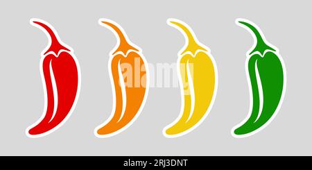 Realistic Vector Spicy Chili Peppers - Red, Orange, Yellow, Green. Jalapeno Pepper Strength Scale Indicator for Mild, Spicy, Hot and Extra Positions Stock Vector