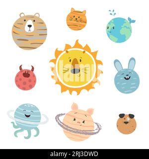 Set of cute cartoon planets as animals.  Vector illustration. Stock Vector