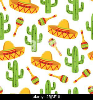 Seamless Mexican pattern with sombrero and cactus. Stock Vector