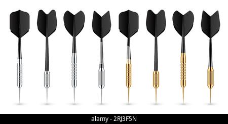 Black dart arrows with metal tip and shadow. Dart throwing sport game, dartboard equipment. Vector illustration Stock Vector