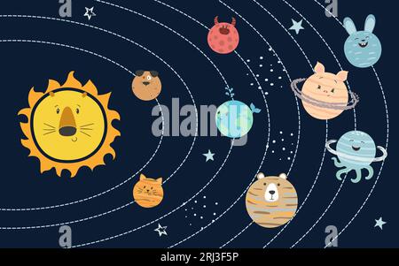Cartoon vector solar system with cute planets for kids. Stock Vector