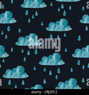 Seamless rainy vector pattern with watercolor clouds and rain drops. Stock Vector