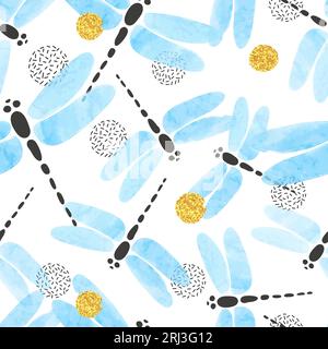 Seamless vector blue watercolor dragonfly pattern. Stock Vector