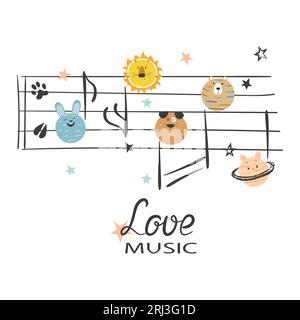Music vector illustration with notes as animals for kids design, fashion, t-shirt print Stock Vector