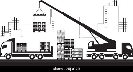 Crane unloads construction materials from  truck – vector illustration Stock Vector