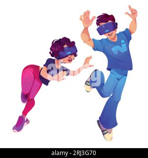 Vr metaverse p2e technology for character game in glasses vector illustration. Future virtual reality tech concept with people play videogame in heads Stock Vector
