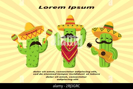 Set of cartoon mexican cactus. Card design. Vector illustration. Stock Vector