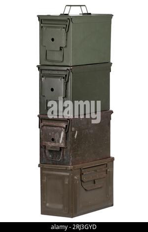 Stack of US army ammo cans isolated on white background Stock Photo