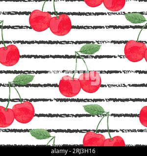 Seamless striped pattern with watercolor cherry. Vector background. Stock Vector