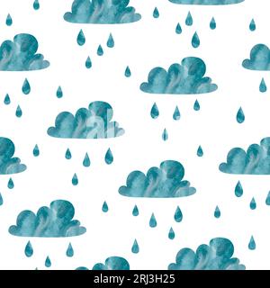 Seamless vector pattern with watercolor clouds and rain drops. Rainy background. Stock Vector