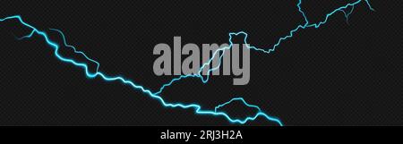 Realistic lightning bolt isolated on transparent background. Vector illustration of neon turquoise crack, electric discharge on dark sky, thunderstorm Stock Vector