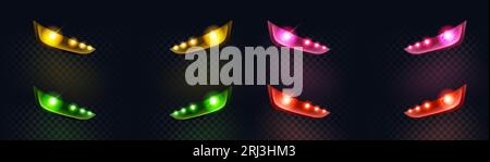Realistic color led car light flare vector effect. Front headlight glare shine in yellow, red, green and pink. Auto lamp round blink transparent techn Stock Vector