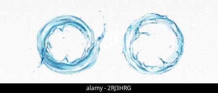 Water circle splash and round swirl realistic 3d vector frame. Liquid aqua wave with drop and bubble in ring flow. Mineral clear blue stream graphic d Stock Vector