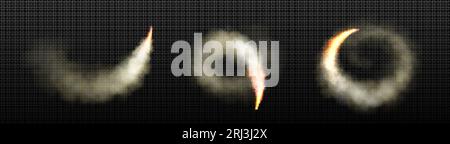 Space rocket launch smoke trail with fire vector. Isolated plane or jet spaceship takeoff explosion contrail 3d air spray with flame. Realistic engine Stock Vector