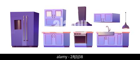 Kitchen interior furniture cartoon vector set with fridge, cupboard, simple equipment and sink isolated clipart on white background. refrigerator and Stock Vector