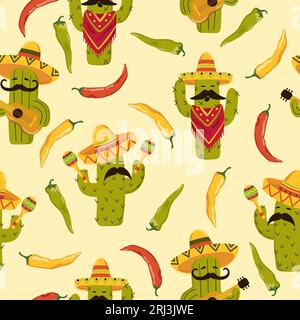 Seamless colorful Mexican pattern with cartoon cactus and chili pepper. Stock Vector
