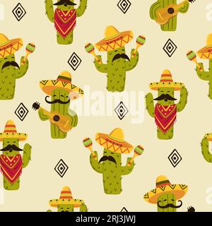 Mexican cactus seamless pattern. Cute cactus with guitar, sombrero, maracas. Stock Vector