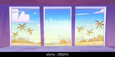 Sea and beach landscape window view from tropical hotel room vector illustration. Empty villa house interior near ocean and palm tree for peaceful med Stock Vector