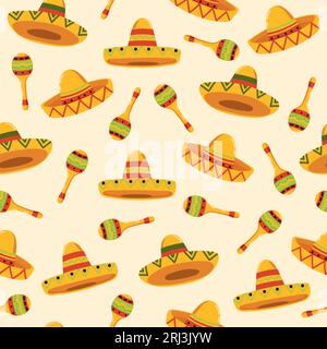 Seamless colorful Mexican pattern with sombrero and maracas. Stock Vector