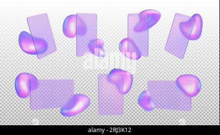 Realistic set of glassmorphism rectangles with abstract holographic design elements on transparent background. Vector illustration of vertical, horizo Stock Vector