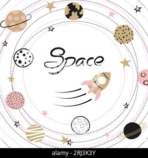 Space vector illustration with hand drawn planets and rocket for kids. Stock Vector