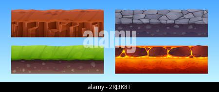 Set of seamless ground layers for game level interface. Vector cartoon illustration of mountain stone road, green grass on soil, dry desert land, hot Stock Vector