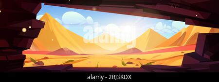 Sandy desert with ancient pyramids, view from dark stone cave. Vector cartoon illustration of antique pharaoh tombs, sand dune landscape under hot sum Stock Vector