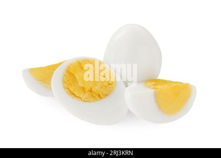 Peeled hard boiled quail eggs on white background Stock Photo