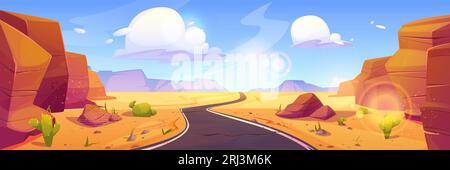 Canyon desert landscape with road perspective. Vector cartoon illustration of sandy valley with cacti and rocky stones walls under blue sky with cloud Stock Vector