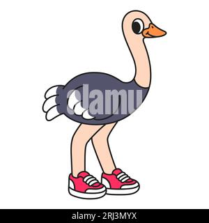 Cartoon ostrich wearing sneakers, funny comic style character drawing, vector clip art illustration. Stock Vector