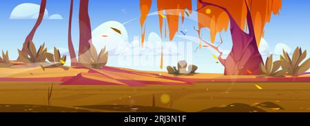 Dangerous swamp in autumn forest. Vector cartoon illustration of lake with dirty water, yellow foliage falling from trees, stones on ground, birds fly Stock Vector