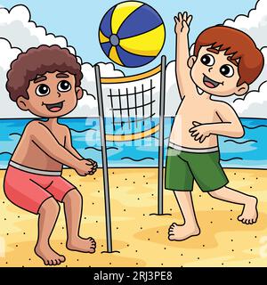 Boys Playing Beach Volleyball Summer Colored  Stock Vector