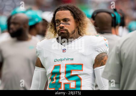 Miami Dolphins linebacker Duke Riley (45) arrives at the stadium for an ...