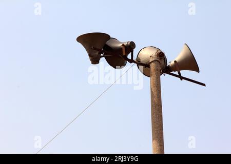 loudspeaker in the blue sky in china rural Stock Photo