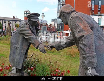 Christmas truce sculpture, known as 'All Together Now' by Andy Edwards, at St Lukes, the Bombed Out Church, Reece St, Liverpool, L1 2TR Stock Photo