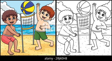 Boys Playing Beach Volleyball Summer Illustration Stock Vector