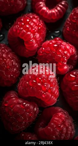 A close-up shot of ripe, red raspberries scattered on a black surface Stock Photo